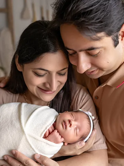 The look of pure love and wonder on new parents' faces. This close-up shot focuses on the connection between mom, dad, and their sleeping newborn, a beautiful start to their family story.