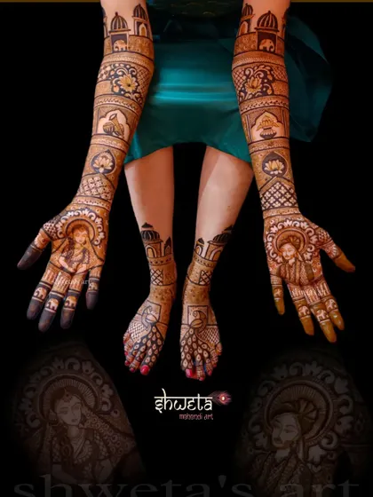 A showcase of a complete royal bridal mehendi package. This includes full-coverage designs for both hands and feet, featuring portraits and traditional palace motifs.