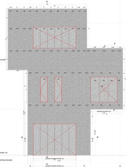 A technical drawing for the House of Solid Stone, detailing the layout of the stone walls and the placement of the operable screens, a blueprint for passive cooling.