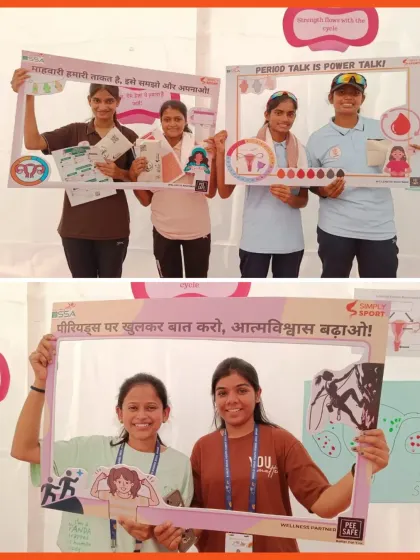 "Period talk is power talk!" Athletes at our Khelo India Youth Games kiosk hold up signs to break the silence around menstruation. We believe that open conversations build confidence and create a more supportive environment for everyone in sport.