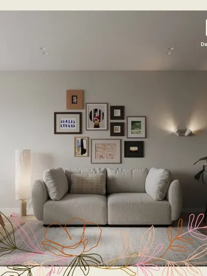 The living area is defined by a comfortable sofa and a curated gallery wall, making the space feel personal and lived-in.