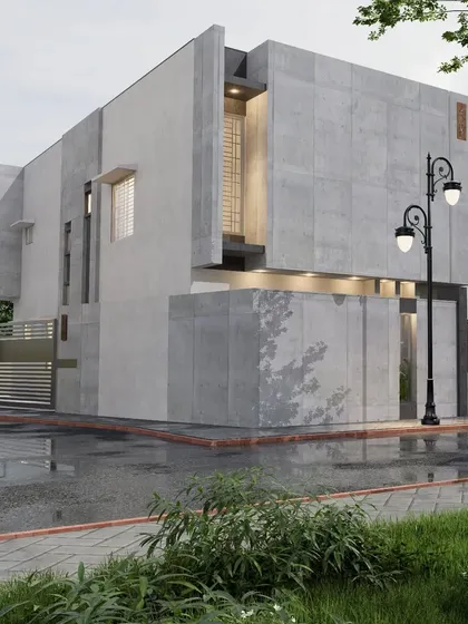 This architectural concept showcases a brutalist-inspired design with raw concrete textures. The strong geometric forms and minimalist details create a powerful and modern aesthetic.