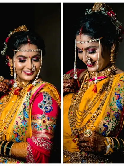 A diptych of the Maharashtrian bride in her full splendor, showcasing her ornate jewelry, makeup, and the traditional Mundavalya.