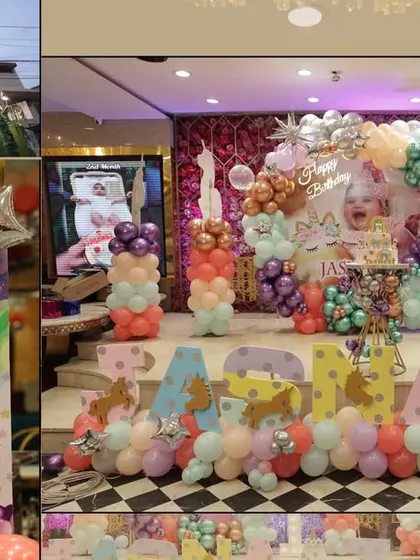 A collage showcasing the elaborate unicorn themed decorations at a first birthday party venue in Delhi, from the entrance sign to the main stage.