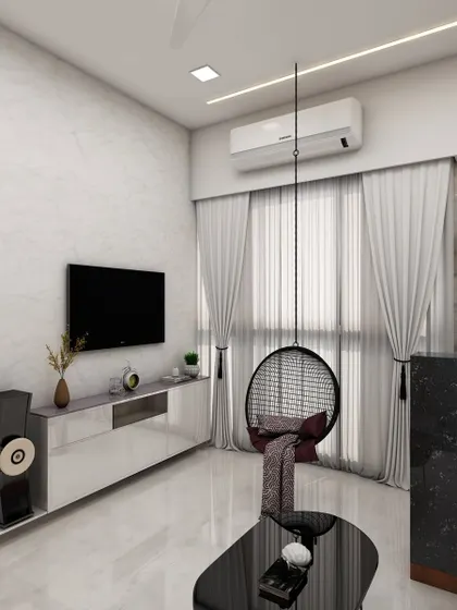 A compact living room design featuring a hanging swing chair, a sleek media unit, and marble-look flooring for a modern and playful vibe.