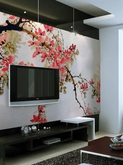 A classic and elegant wallpaper featuring pink cherry blossoms on a branch. This timeless design brings a touch of nature's beauty indoors and is perfect for a living room or bedroom.
