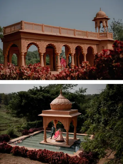 Two wide shots showcasing the stunning architecture and lush greenery of the location for this couple's pre-wedding photoshoot.