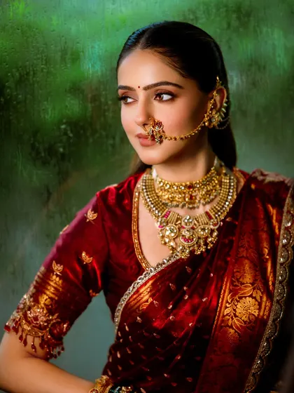 A classic portrait of a Navari bride. The soft lighting enhances the gentle makeup application, focusing on her expressive eyes and the rich texture of her maroon saree.