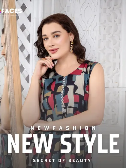A model wearing a multi-colored abstract print top, showcasing a different pattern in the same style for a diverse catalogue.