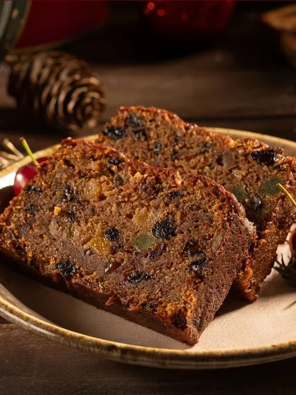 A close-up of the moist and fruity slices of my Christmas cake. My workshop includes both egg-free/alcohol-free and traditional versions.