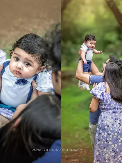 A collage showing two beautiful moments from an outdoor baby shoot. On the left, a close-up of the baby's curious expression, and on the right, the full family enjoying their time together under the trees.