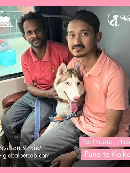 Frooti the Husky with his handler in a train coupe, traveling from Pune to Kolkata. We ensure a dedicated travel buddy for your pet throughout their interstate relocation.