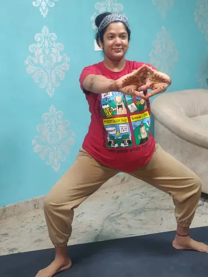 The first day of Navaratri marks the arrival of the Goddess. In this Goddess Pose, this mother-to-be is preparing for the arrival of her own little one. It's a beautiful way to connect with the divine feminine energy within.