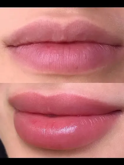 Our lip blushing program teaches you to enhance natural lip color and shape. This result shows the vibrant, fuller look you can achieve for your clients, mastering the art of permanent lip tattooing.