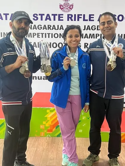 Our team celebrating their silver and bronze medals in the 25M Standard Pistol team event at the state championship.
