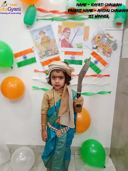 First-place winner Khyati Chauhan with her powerful costume. These competitions are a fantastic platform for children to shine.
