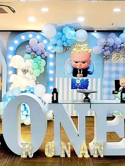 A full view of the spectacular Boss Baby themed first birthday party, showing the scale and detail of the decorations.