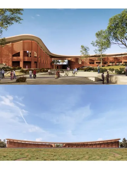 Exterior renderings of the Piramal School of Leadership. The design features a long, curving brick facade that harmonizes with the landscape, creating an inviting and organic architectural form.