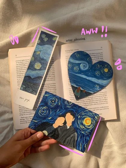 A collection of my Starry Night custom orders, including a heart-shaped canvas and a bookmark. I can adapt the iconic style to any surface or photo.