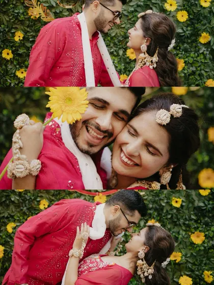 A collage of happy, candid moments of the couple enjoying their Haldi ceremony against a wall of yellow flowers.