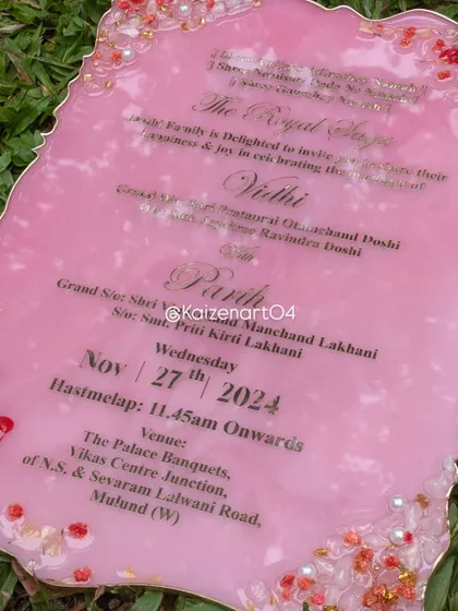 A wedding day is special, so why settle for a normal Kankotri? This geode-style resin invitation in pink is a unique and luxurious way to announce your big day.