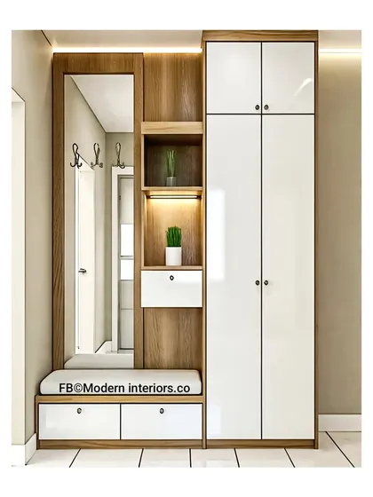 This sleek entryway unit combines a full-length mirror and seating bench with a tall, glossy white wardrobe. It's a great all-in-one solution for storing coats, shoes, and bags right by the door.
