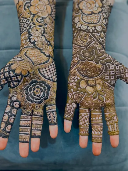 A close-up of the palms, featuring a mix of floral and traditional Indian patterns with full finger coverage.