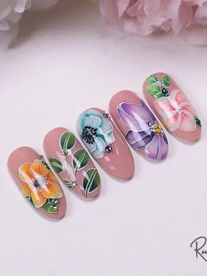 This set of hand-painted flowers shows the range of styles I can create, from soft and blended to bold and graphic.