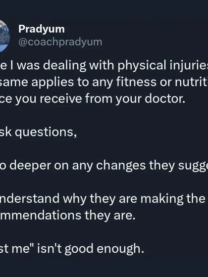 Doctors are experts in their field, but that field usually isn't exercise science or nutrition. The "Appeal to Authority" fallacy leads people to blindly follow bad fitness advice from well-meaning but unqualified professionals. I teach my clients to trust, but always verify.