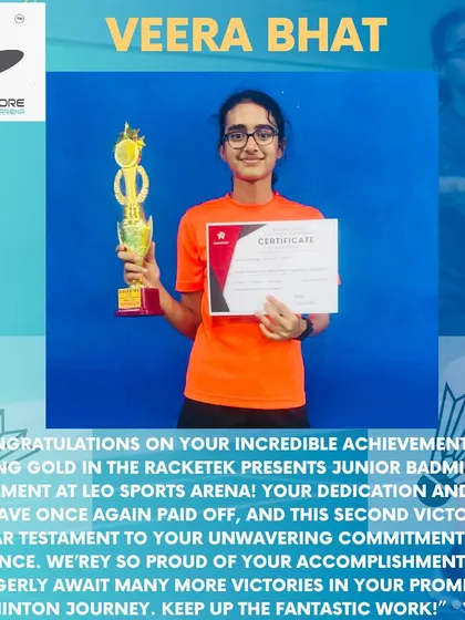 A fantastic achievement for Veera Bhat, winning gold at the Racketek junior badminton tournament. This is her second major victory, showing incredible consistency.
