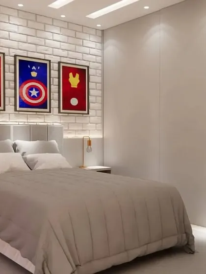 A close-up of the bed and wardrobe, showing the seamless, handleless design.