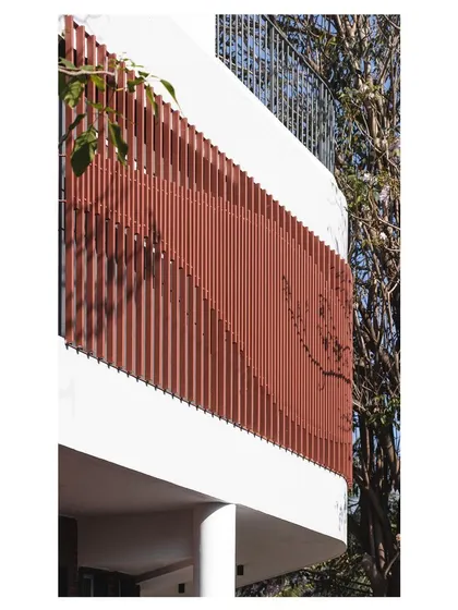 The rust-colored parametric screen creates a beautiful, flowing pattern against the crisp white wall of the 'House Under Tabebuia Trees'.