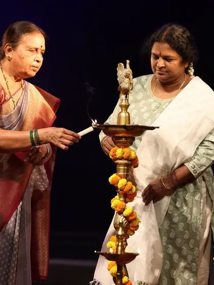The auspicious lamp lighting ceremony at our Sadhana festival, a tradition that marks the beginning of our celebration of art and culture.