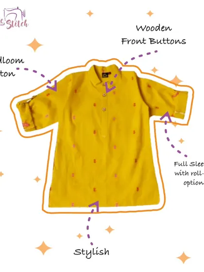 This graphic highlights the features of our yellow handloom cotton kurta: wooden front buttons, full sleeves with a roll-up option, and a stylish, comfortable fit.