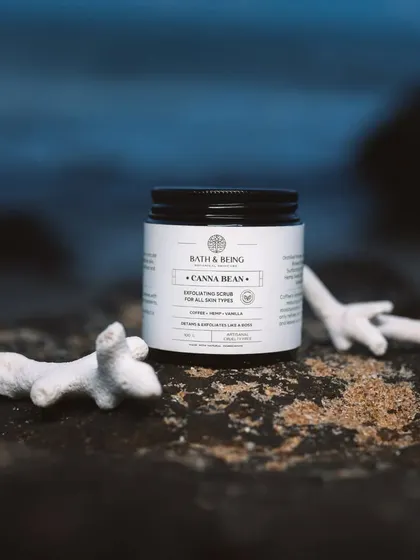 Another look at our Canna Bean coffee and walnut scrub. The combination of coffee and vanilla essential oil creates a warm, comforting aroma for a spa-like experience at home.