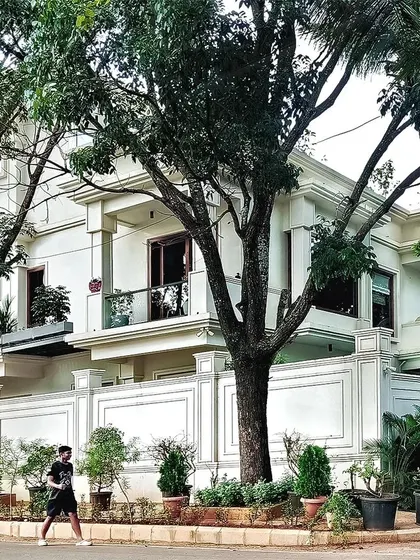 A street view of 'The White House', where the clean white facade stands in beautiful contrast to the mature trees lining the property. The design focuses on a sophisticated and minimal classical look.