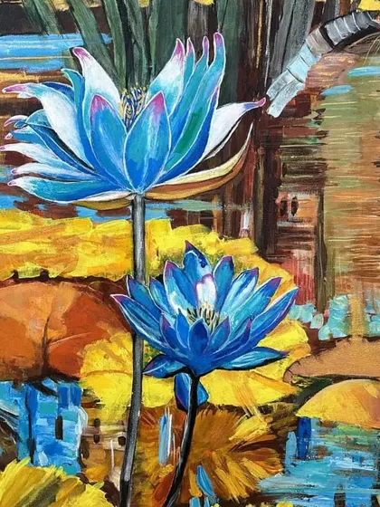 A series of vibrant floral paintings featuring blue and pink water lilies. These pieces, available as single or multi-panel artworks, bring a splash of color and Zen-like tranquility to any room.