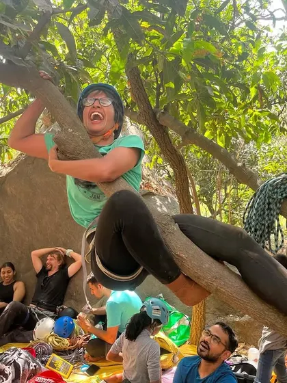 A moment of pure joy and fun at the crag. Our workshops are about more than just climbing; they're about community, laughter, and enjoying the outdoors.