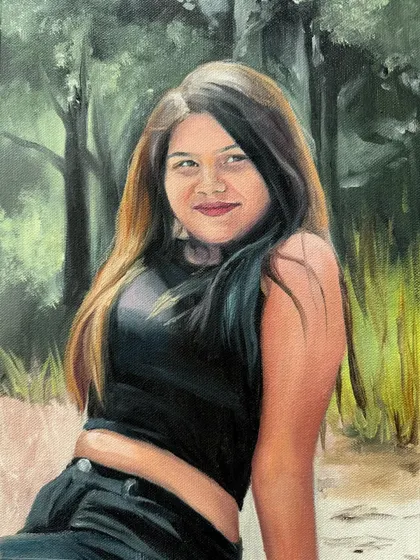A modern portrait of a young woman, painted from a casual photo. I can turn any of your favorite pictures into a work of art.