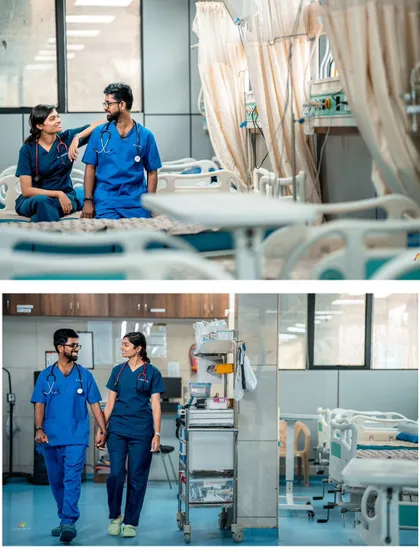 A collage from a doctor couple's pre-wedding shoot, capturing them in a hospital environment, blending their personal and professional lives.