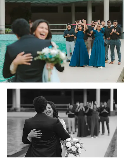 The emotional first look. The collage captures the groom's reaction and the couple's joyful embrace, with friends cheering them on, telling a complete story in two frames.