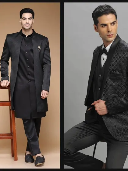 More black looks, from a sleek Indo-Western to an embroidered tuxedo. Timeless, classic, and always in style.