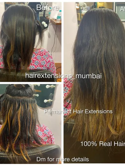 This collage details the transformation with permanent extensions, including a shot of the application process and the final, longer style with highlights.