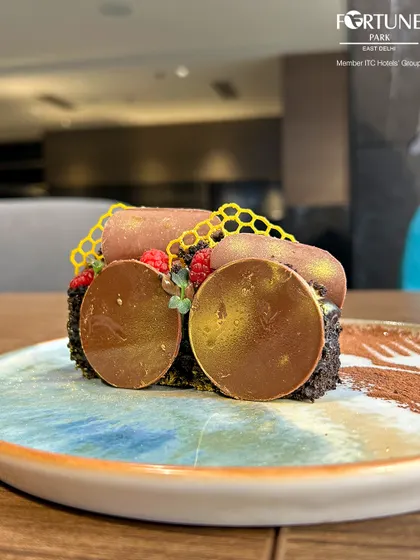 A close-up of our intricate chocolate dessert, showcasing the detailed honeycomb and gold-dusted chocolate discs.