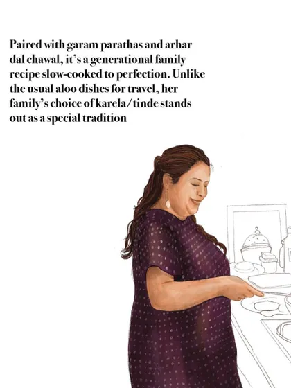 An illustration of Vernika Awal's mother, who perfected the slow-cooked family recipe for stuffed karela, a dish that connects their family to their roots in Rawalpindi.