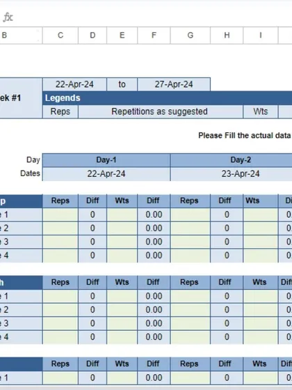 A closer look at my weekly workout plan template. It's broken down by day and includes sections for warm-up, strength, and cardio. Structure is essential for progress.