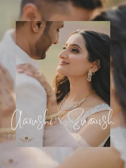 A beautifully edited portrait of a couple from their engagement shoot. The soft focus and elegant script with their names add a personalized and romantic touch.