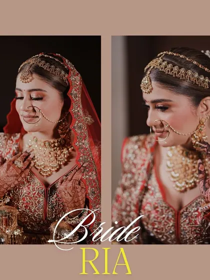 A diptych of the bride, capturing her serene beauty. These close-up portraits highlight her intricate matha patti and nath, key elements of her bridal look.