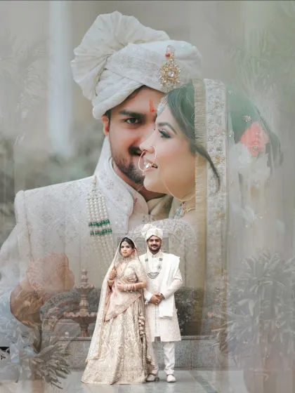 A dreamy, layered portrait of a couple in their elegant white and pastel wedding outfits.