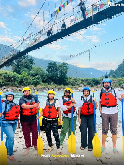 Adventure knows no borders. Here is our group getting ready for a river rafting experience in the stunning Punakha Valley, Bhutan. The clear Himalayan river and breathtaking scenery make for an unforgettable ride.